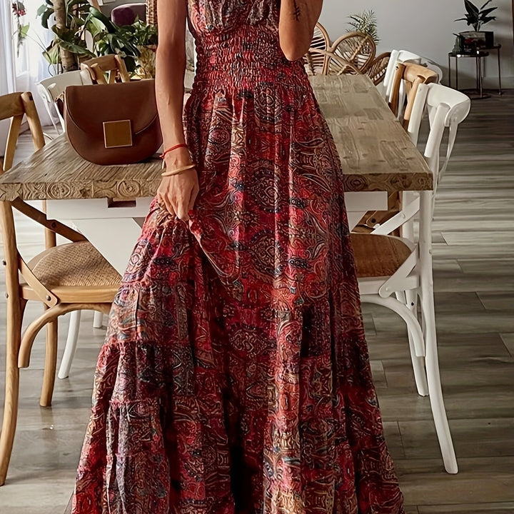 Joanne-Paisley Print Ruched Trim V-Neck Maxi Dress