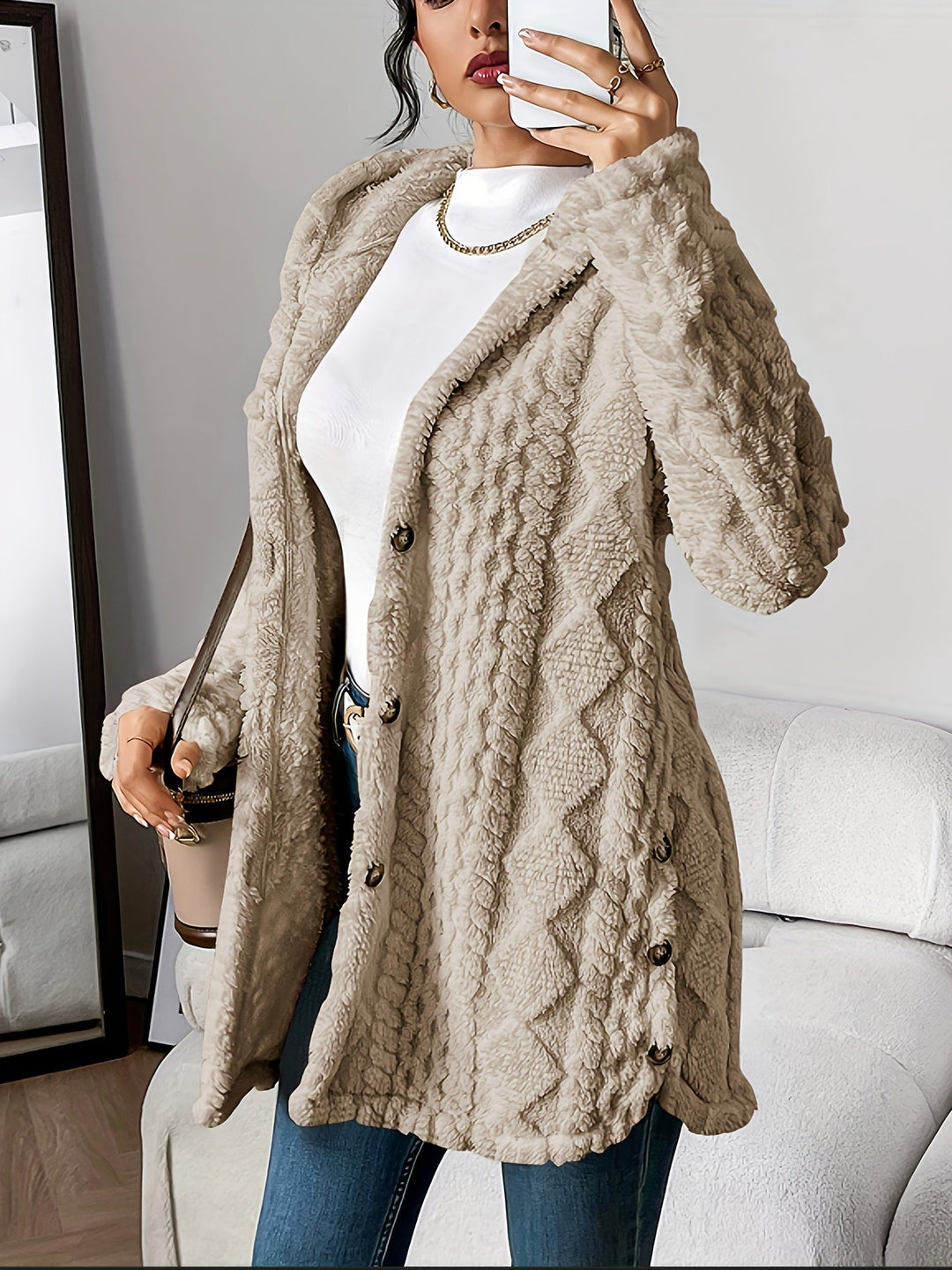Paula™ - Plush Diamond-Patterned Hooded Cardigan