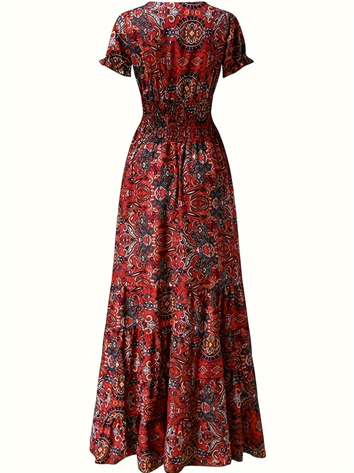 Joanne-Paisley Print Ruched Trim V-Neck Maxi Dress