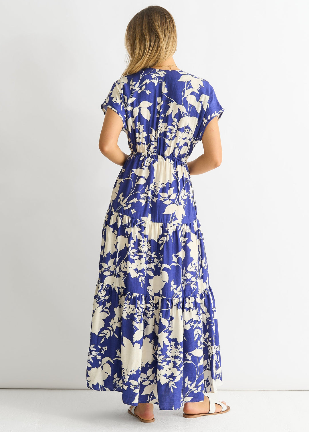 Blue Floral Elastic Waist Maxi Dress