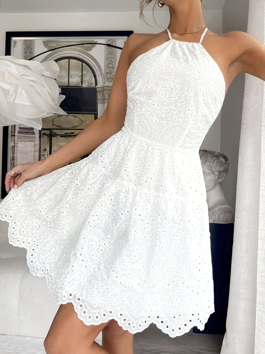 Liora Embroidered Halter Mini Dress (Only 4 left)