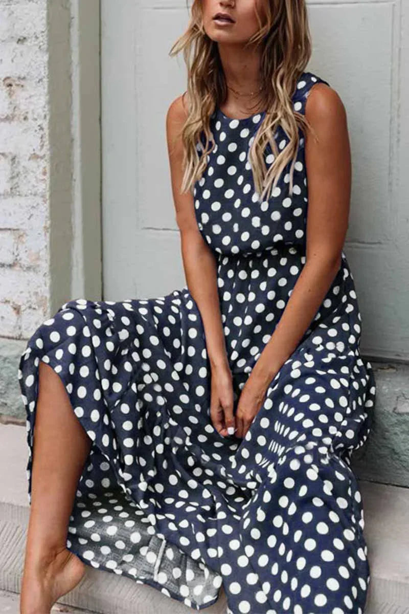 Seiva-Sleeveless Polka Dot Maxi Dress with Relaxed Fit