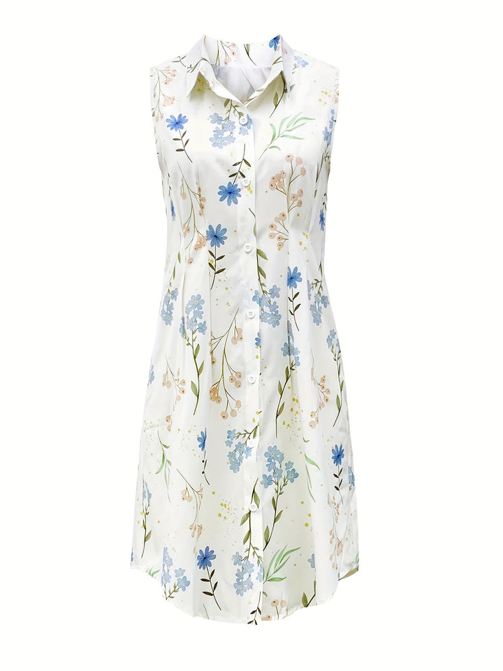 Bliss- Floral Print Collarless Sleeveless Button-Up Shirt Dress