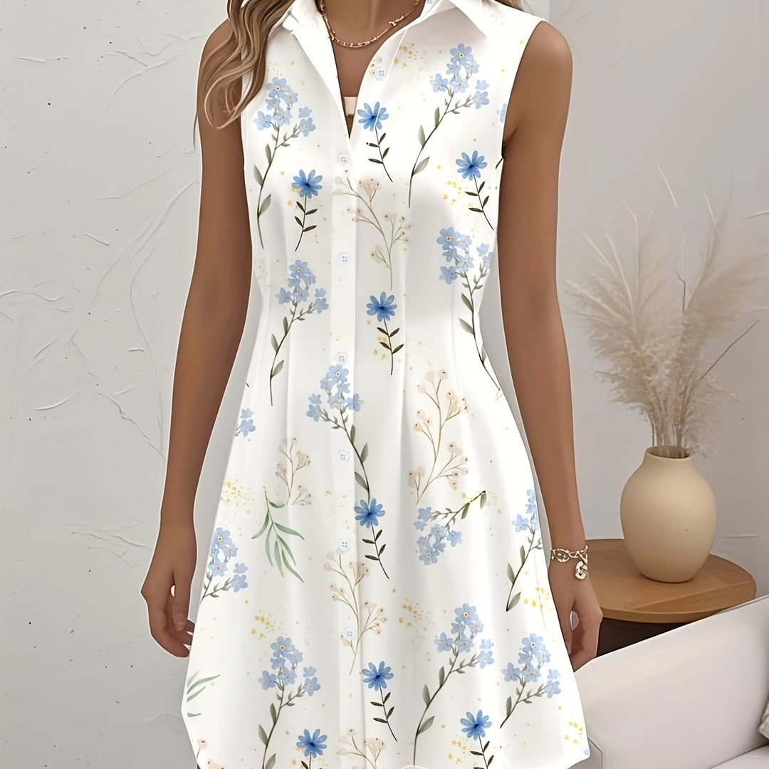 Bliss- Floral Print Collarless Sleeveless Button-Up Shirt Dress