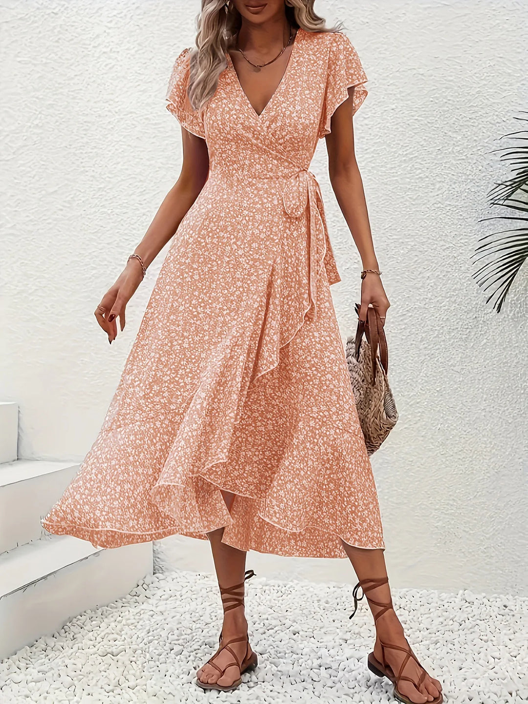 V-Neck Floral Mini Wrap Dress