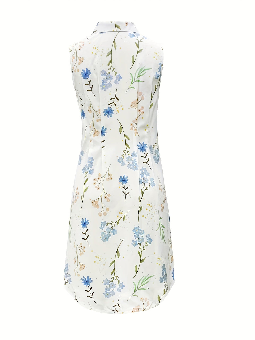 Bliss- Floral Print Collarless Sleeveless Button-Up Shirt Dress