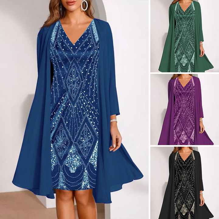 Vanessa-V-Neck Dress & Sheer Long Matching Coat